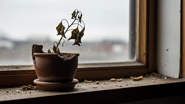 A dying plant sits in a broken pot on a dirty windowsill, with an overcast backdrop