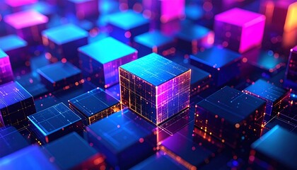 Abstract digital cubes in vibrant neon colors.  A futuristic, glowing network