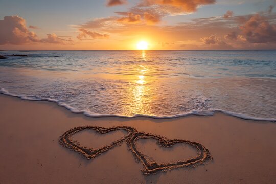 Two heart shapes drawn in sand on a beach at sunset