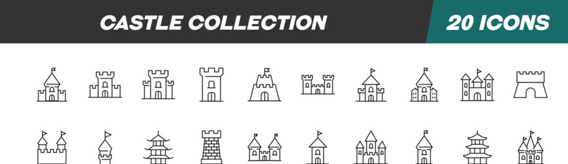 Collection of Line Signs of Castle. Suitable for books, stores, shops. Editable stroke in minimalistic outline style. Symbol for design
