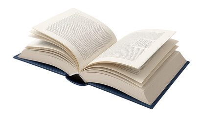 Realistic open hardcover book with shadow, perspective view.