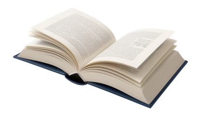 Realistic open hardcover book with shadow, perspective view.