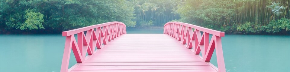 A pink bridge over a body of water