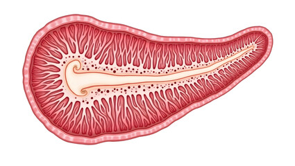 Fototapeta premium Anatomy & Physiology A cross-section of pancreas, isolated on white, showing islets of Langerhans, ducts, and exocrine tissue for endocrine and digestive (6)