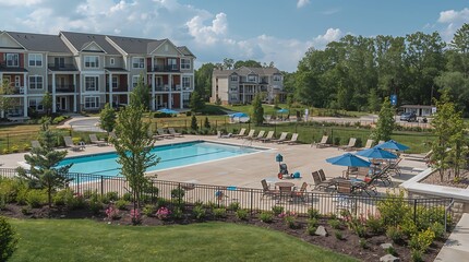 Fototapeta premium A photograph of a residential complex with a community pool and shared green spaces, with a happy family in the background.