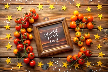 Celebrating world food day with fresh cherry tomatoes and golden star decorations on a rustic wooden table, promoting healthy eating and sustainable agriculture