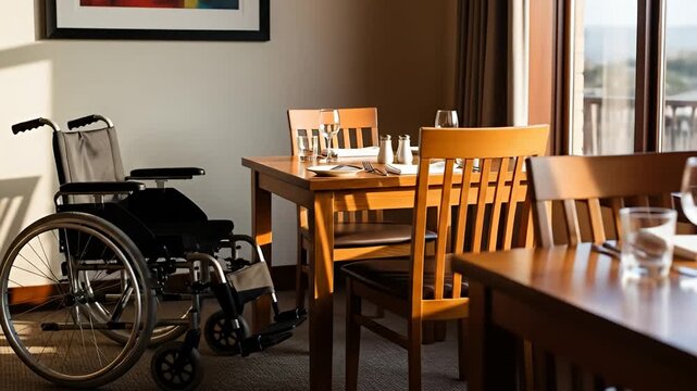 Dining area featuring a wheelchair next to a neatly set table bathed in sunlight
