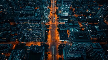 An aerial view of a smart city at night, with glowing geometric patterns on the buildings and synchronized traffic lights.
