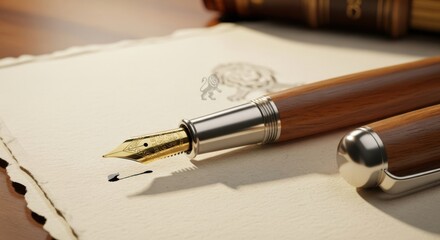 Fototapeta premium Elegant wooden fountain pen resting on aged paper with ink splatters