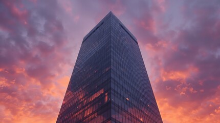 Photorealistic image of a minimalist glass skyscraper at sunset, with a vibrant orange and purple sky reflecting on the facade.