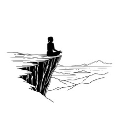 Silhouette of a woman meditating on a cliff overlooking a distant mountain range and body of water scene