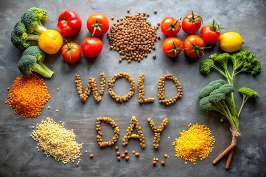 Celebrating world food day with a colorful display of fresh vegetables and lentils arranged on a rustic table, promoting healthy eating and sustainable agriculture