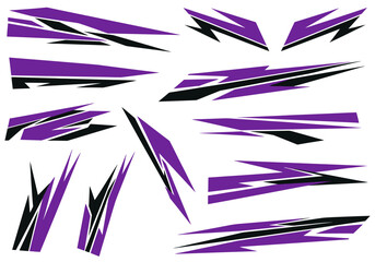 Set of abstract racing stripes and graphic elements in purple and black for vehicle decoration