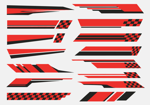 Dynamic racing stripe graphics kit. Collection of abstract vector decals and checkered flag designs for vehicle customization.