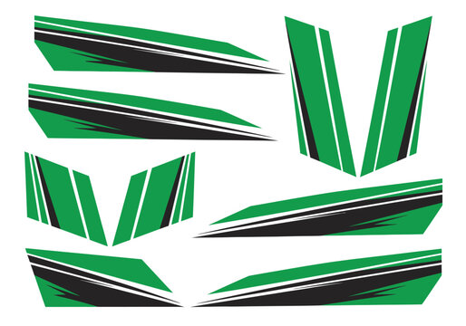 Dynamic green and black abstract graphic elements for vehicle customization. Modern car body decals and racing stripes for automotive design projects.