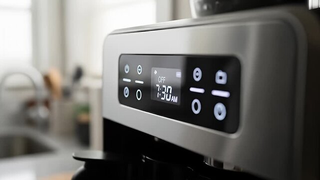 Close up of a coffee maker screen showing 730 AM with blurred sink backdrop