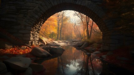 serene autumn river landscape framed through dark skeletal branches with vivid red and orange leaves reflecting on the tranquil water surface creating a harmonious and contempllight through the tunnel
