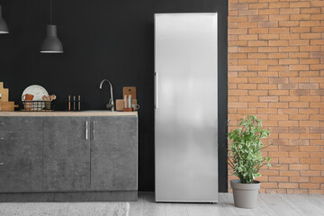 Interior of kitchen with modern fridge and counters