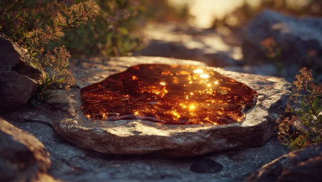 Golden puddle on stone, sunlight reflection