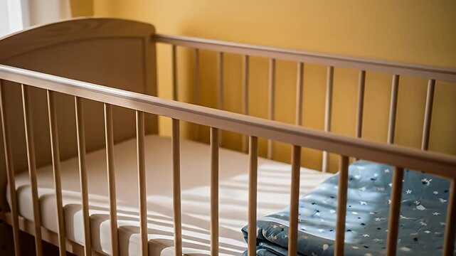 A wooden crib stands in a room next to a window with sheer white curtains