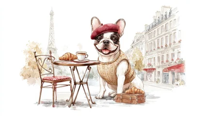 Fototapete Französische Bulldogge Charming french bulldog in paris enjoying coffee and croissants  © Vasyl