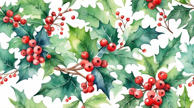 Christmas watercolor background with holly leaves and berries in vivid shades