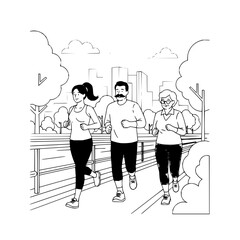 Three people jogging in a park with city buildings in the background in black and white style drawing