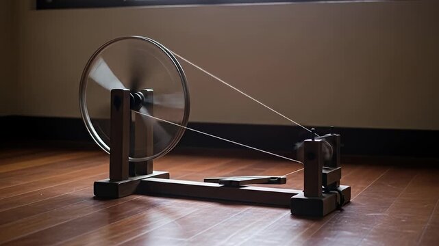 Traditional spinning wheel spins on wood floor near window, blurred rotation, quiet