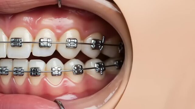 Metal braces on teeth closeup.