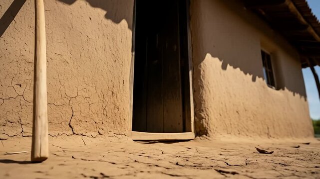 Rustic adobe house facade with open door, standing stick, and cracked earthen ground