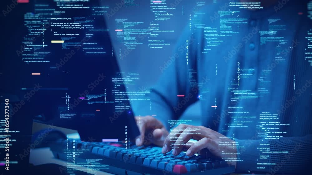 Wall mural a developer types on a computer with glowing code and binary symbols overlay, symbolizing programmin