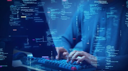 A developer types on a computer with glowing code and binary symbols overlay, symbolizing programming, software development, cybersecurity, and digital technology. - Powered by Adobe