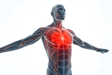 3D Medical Icon of Male Torso with Glowing Red Chest Area – Minimal Healthcare Design