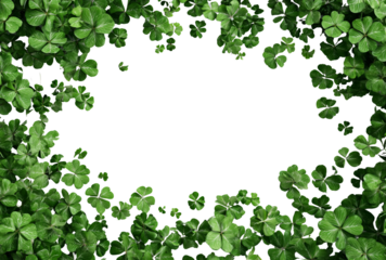 A frame of green clover leaves, isolated on transparent background, creating a natural and lucky border for st patricks day designs