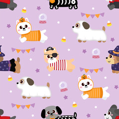 Cute Cartoon Halloween costume party dog seamless pattern
