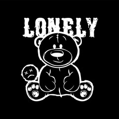 Urban street style typography. Lonely text, grunge brushstrokes. Vintage teddy bear emoji. Vector graphic artwork for t-shirts, posters, stickers, and more.