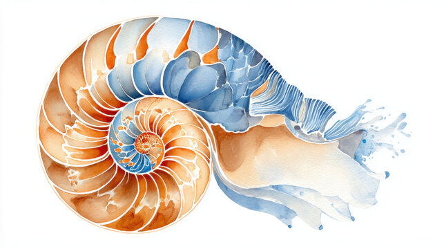 Beautiful watercolor painting of a nautilus shell with blue and brown hues, creating a cozy vibe.