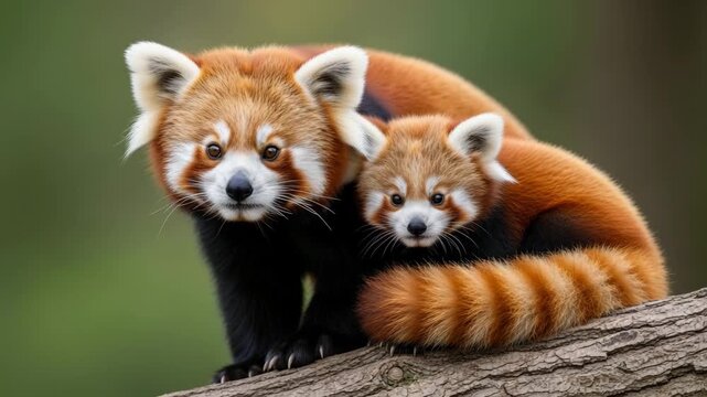 Red panda mother and cub together, on a branch, wildlife photography