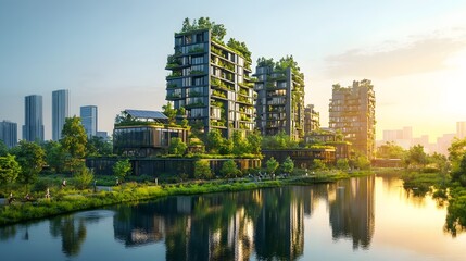 Naklejka premium Urban oasis where architecture meets nature, fostering tranquility and sustainable living. People stroll along the waterfront, enjoying modern buildings with green roofs and solar panels.