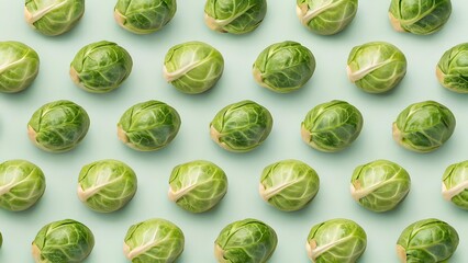 Fresh green Brussels sprouts arranged in a neat repeating pattern