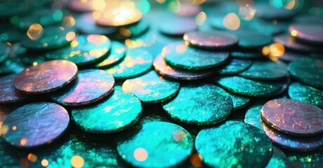 Iridescent scales cover surface. Vivid colors blend, creating magical texture. Light reflects, adding sparkle. Dramatic lighting enhances depth.