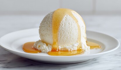 Creamy vanilla ice cream scoop drizzled with golden syrup
