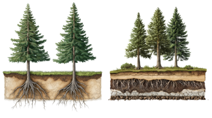 Scientific Cross-Section of Conifer Tree Roots and Ground Layers Isolated