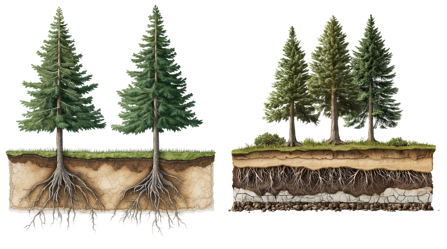 Scientific Cross-Section of Conifer Tree Roots and Ground Layers Isolated
