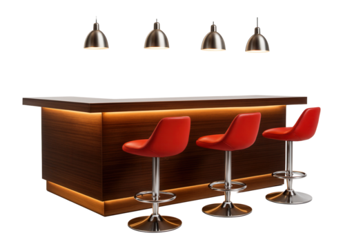 Contemporary bar counter with red stools and pendant lights, isolated on.