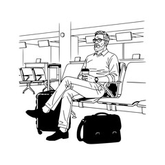 Man with beard sitting at airport with luggage and coffee waiting in a terminal lounge area