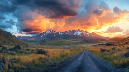 A winding road invites adventure through a stunning landscape. Majestic mountains rise under a dramatic sky, blending stormy clouds with vibrant sunset colors, igniting wanderlust and awe.