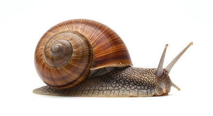 Detailed Studio Shot of a Snail with Textured Shell on White Background