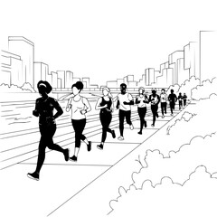A group of people running together on a path with a cityscape in the background in black and white style