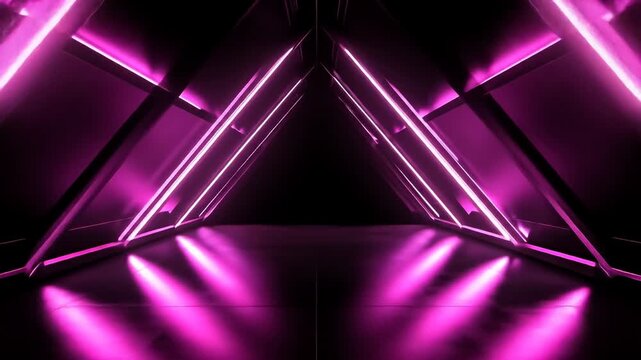 Triangular tunnel with rows of parallel neon magenta lights reflecting on the floor